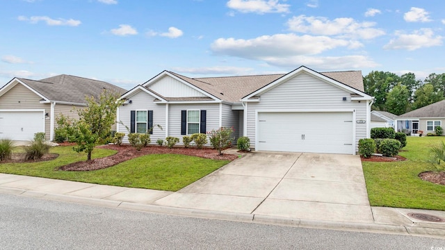 single story home with a garage, a front yard, concrete driveway, and a shingled roof