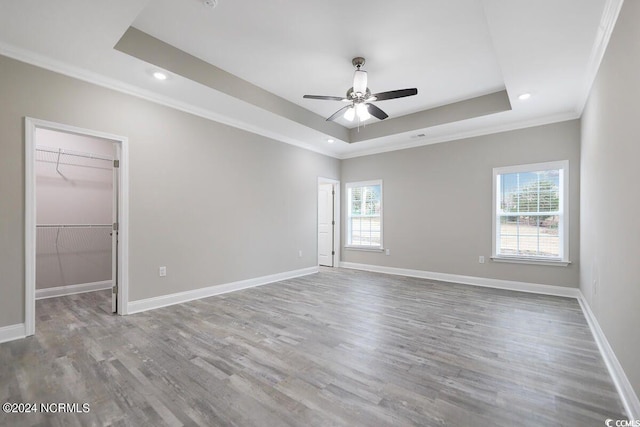 unfurnished room with a raised ceiling, a healthy amount of sunlight, and baseboards