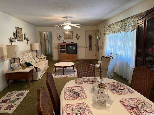 dining room featuring carpet flooring, ceiling fan, and a textured ceiling