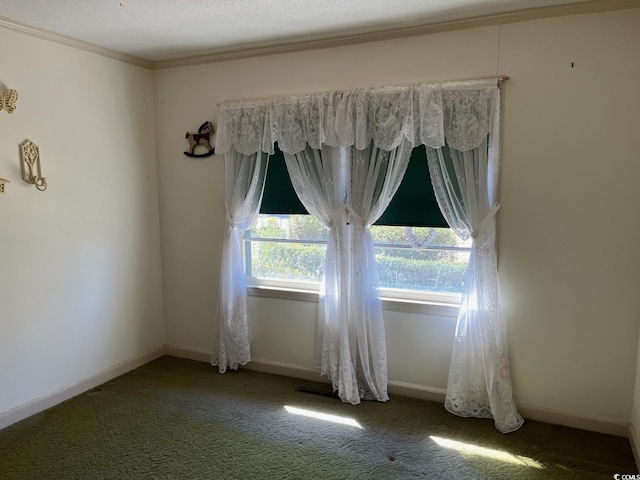 unfurnished room featuring crown molding, a textured ceiling, baseboards, and carpet flooring