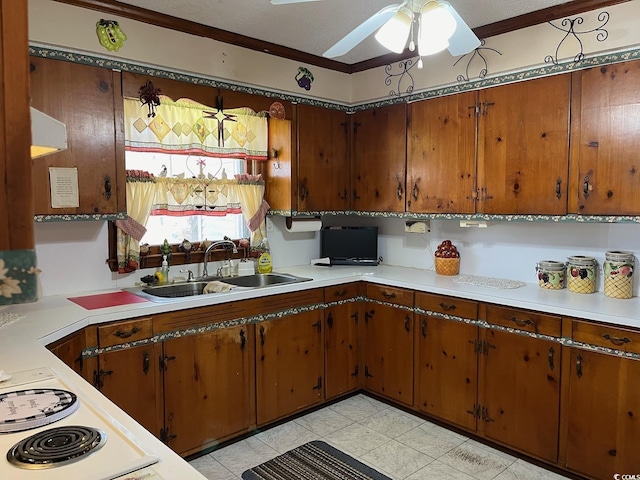 kitchen with a ceiling fan, light countertops, a sink, and ornamental molding