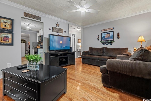 living room with crown molding, a textured ceiling, light wood finished floors, and ceiling fan