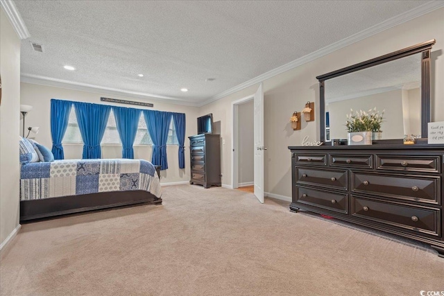 bedroom featuring light carpet, baseboards, visible vents, ornamental molding, and a textured ceiling