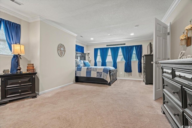 bedroom featuring carpet flooring, crown molding, a textured ceiling, and baseboards