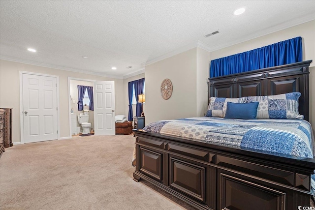 bedroom featuring a textured ceiling, visible vents, crown molding, and light colored carpet