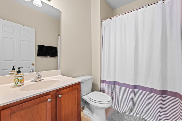 full bathroom with vanity, curtained shower, tile patterned flooring, and toilet