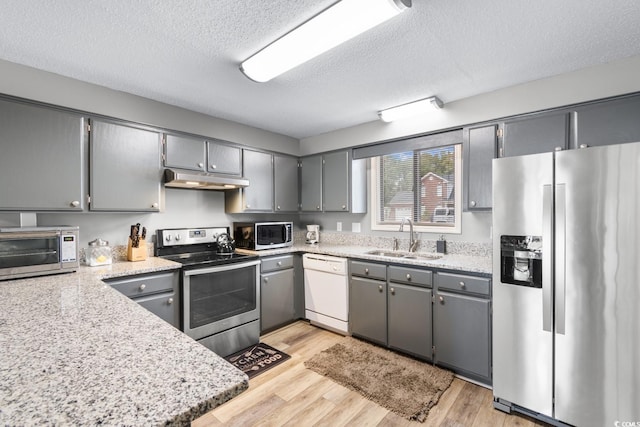 3308 S Ocean Blvd Unit 2-A, North Myrtle Beach, SC 29582 - kitchen with stainless steel appliances, under cabinet range hood, gray cabinetry, a sink, and a textured ceiling