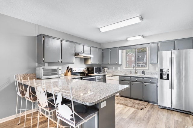 3308 S Ocean Blvd Unit 2-A, North Myrtle Beach, SC 29582 - kitchen with stainless steel appliances, a sink, gray cabinetry, under cabinet range hood, and a peninsula