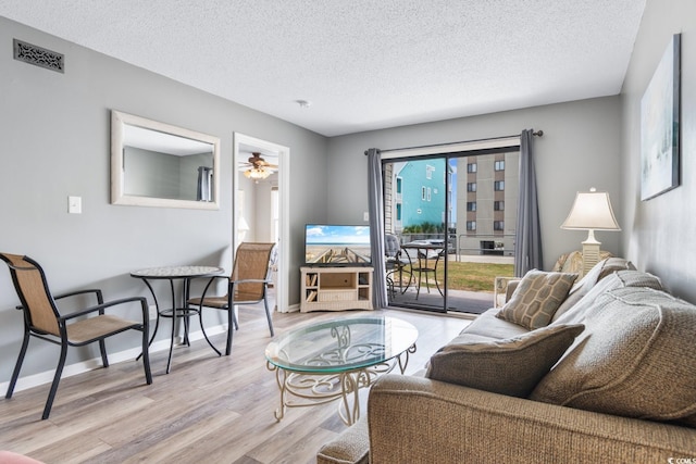 3308 S Ocean Blvd Unit 2-A, North Myrtle Beach, SC 29582 - living area featuring wood finished floors, a textured ceiling, a ceiling fan, and baseboards