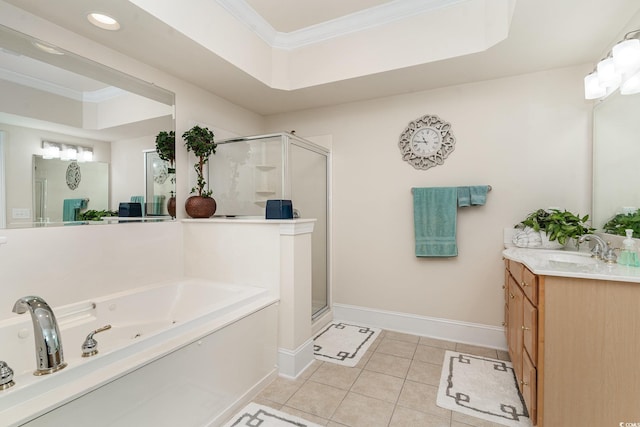 full bath with a stall shower, tile patterned flooring, crown molding, and a tub with jets