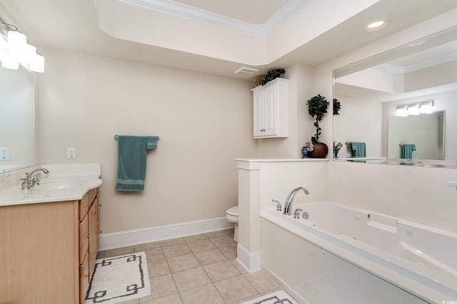 full bath with visible vents, vanity, tile patterned floors, a tub with jets, and crown molding