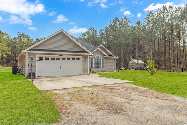 ranch-style home featuring a garage, a front yard, concrete driveway, and cooling unit