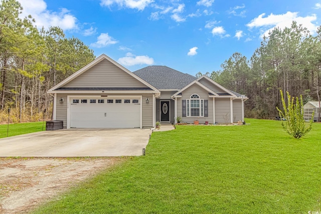 single story home featuring an attached garage, driveway, a shingled roof, and a front yard