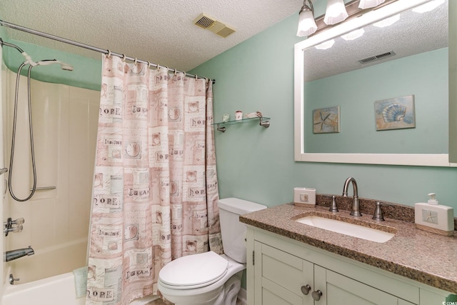 full bath featuring visible vents, a textured ceiling, toilet, and vanity