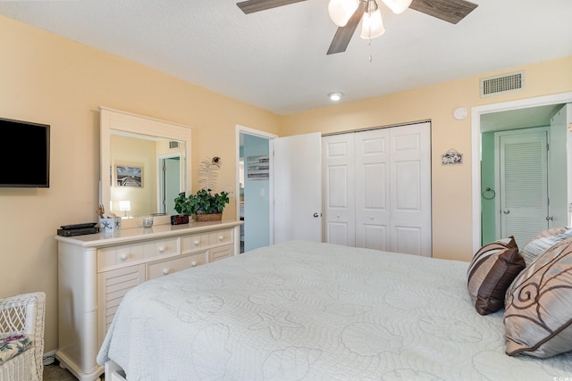 bedroom with a ceiling fan, a closet, and visible vents