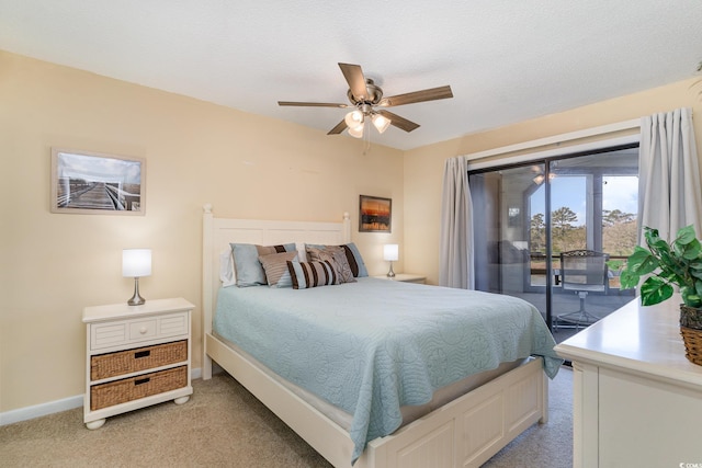 bedroom with baseboards, light colored carpet, ceiling fan, access to exterior, and a textured ceiling