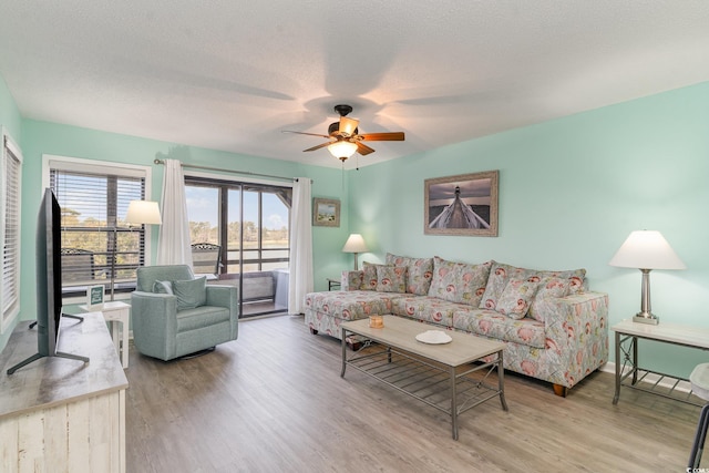 living room featuring a textured ceiling, a ceiling fan, and wood finished floors