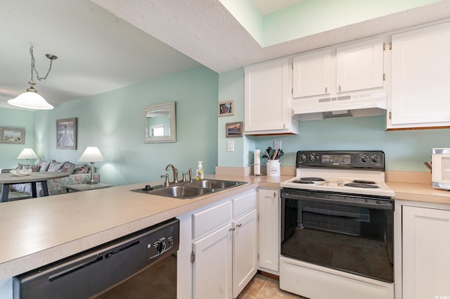 kitchen with electric range, white cabinetry, a sink, dishwasher, and under cabinet range hood