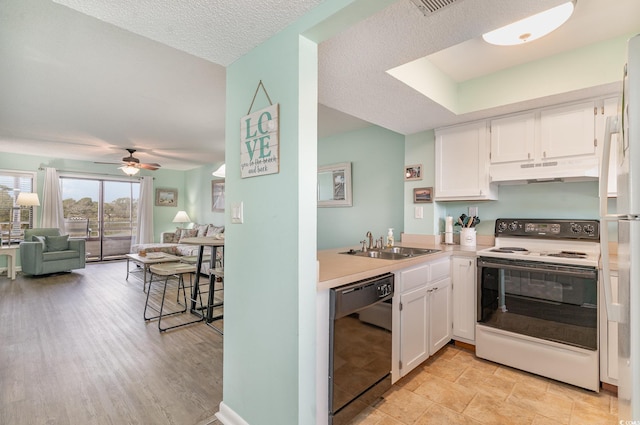 kitchen featuring black dishwasher, white cabinets, white electric range, under cabinet range hood, and a sink