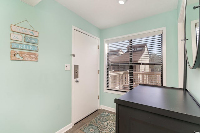 foyer entrance featuring baseboards and wood finished floors