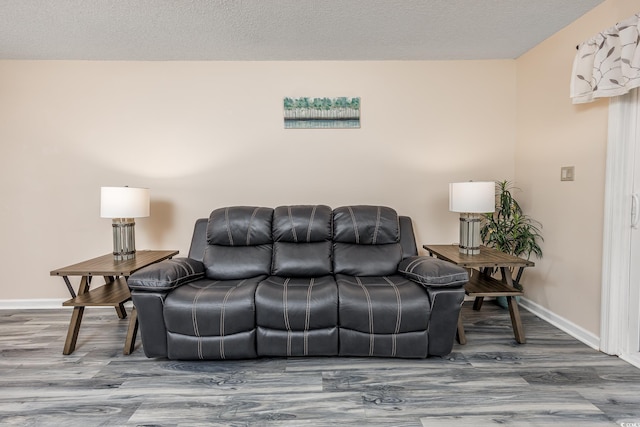 living area with a textured ceiling, wood finished floors, and baseboards