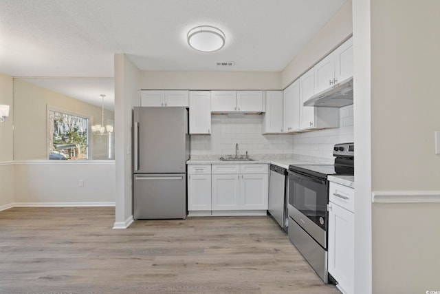 kitchen featuring stainless steel appliances, visible vents, white cabinetry, a sink, and under cabinet range hood