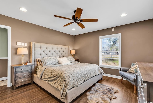 bedroom featuring dark wood-style floors, baseboards, a ceiling fan, and recessed lighting