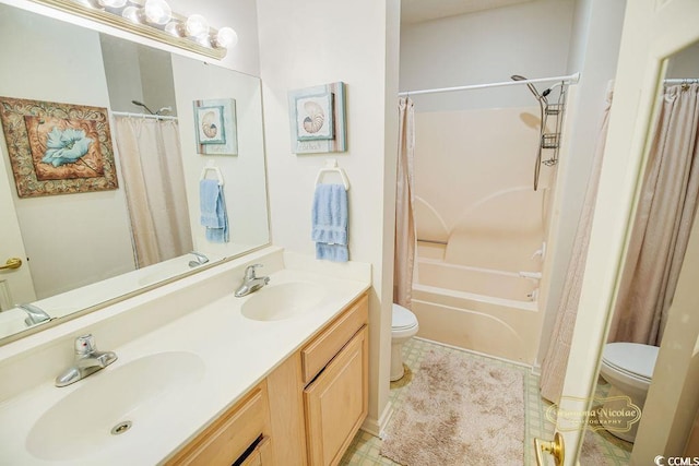 bathroom with toilet, shower / tub combo, double vanity, and a sink