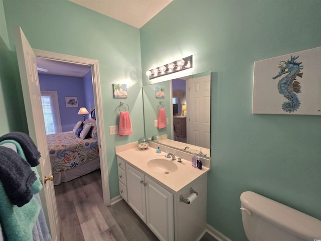 ensuite bathroom with baseboards, connected bathroom, toilet, wood finished floors, and vanity