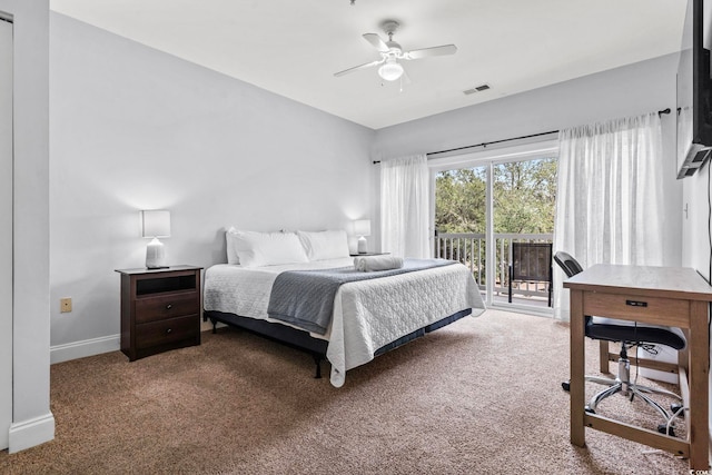 carpeted bedroom with visible vents, access to exterior, baseboards, and ceiling fan