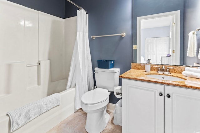 bathroom with vanity, toilet, tile patterned flooring, and shower / bath combination with curtain