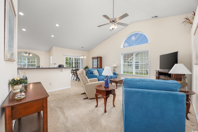 286 Bonnie Bridge Cir, Myrtle Beach, SC 29579 - living room featuring carpet, recessed lighting, ceiling fan, a chandelier, and high vaulted ceiling