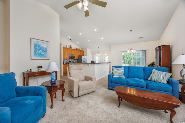 286 Bonnie Bridge Cir, Myrtle Beach, SC 29579 - living area with light colored carpet, vaulted ceiling, a ceiling fan, recessed lighting, and baseboards