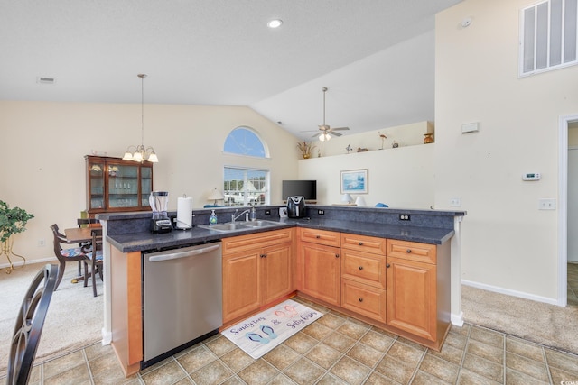 286 Bonnie Bridge Cir, Myrtle Beach, SC 29579 - kitchen with dishwasher, vaulted ceiling, a sink, dark countertops, and a chandelier