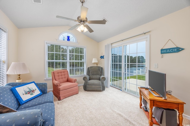 286 Bonnie Bridge Cir, Myrtle Beach, SC 29579 - carpeted living area featuring ceiling fan, lofted ceiling, and baseboards
