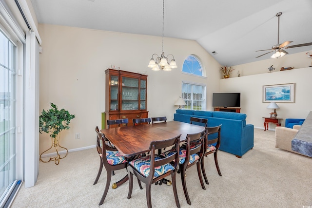 286 Bonnie Bridge Cir, Myrtle Beach, SC 29579 - dining room featuring light colored carpet, a chandelier, baseboards, high vaulted ceiling, and a ceiling fan