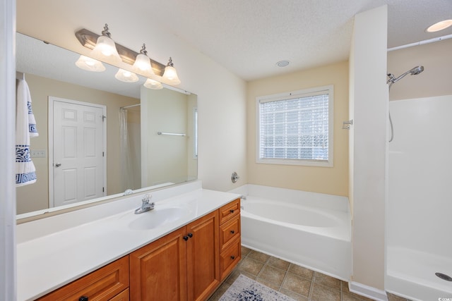 286 Bonnie Bridge Cir, Myrtle Beach, SC 29579 - full bath featuring vanity, a shower with curtain, a bath, tile patterned floors, and a textured ceiling