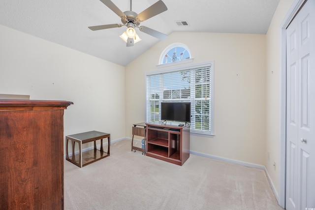 286 Bonnie Bridge Cir, Myrtle Beach, SC 29579 - home office featuring carpet, lofted ceiling, a ceiling fan, and baseboards