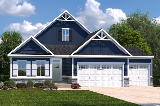 craftsman inspired home featuring an attached garage, concrete driveway, stone siding, roof with shingles, and a front lawn