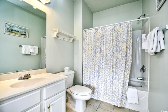 bathroom with toilet, tile patterned flooring, shower / bathtub combination with curtain, and vanity