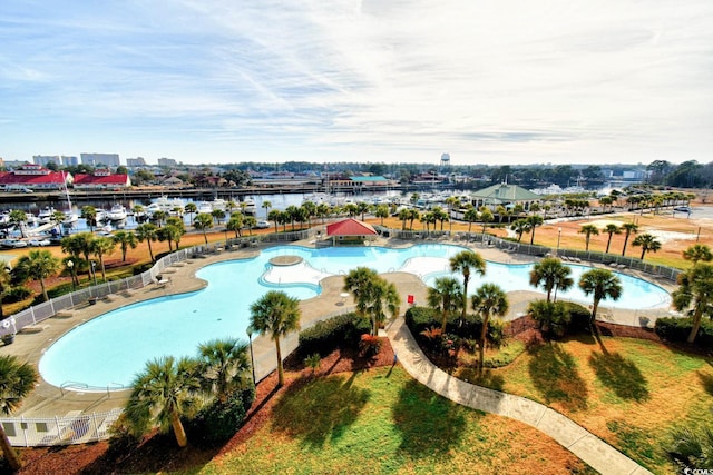 bird's eye view with a water view