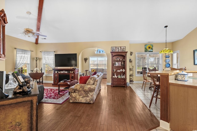 living room featuring arched walkways, a fireplace, dark wood finished floors, and a wealth of natural light