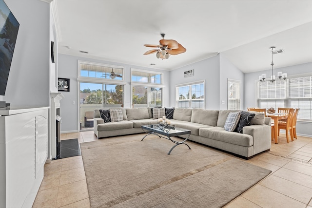 4517 Planters Row Way, Myrtle Beach, SC 29579 - living area featuring light tile patterned floors, ceiling fan, a chandelier, and crown molding
