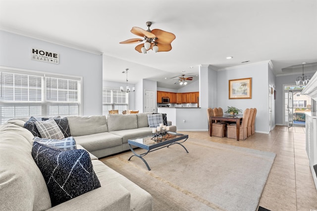 4517 Planters Row Way, Myrtle Beach, SC 29579 - living room with recessed lighting, light tile patterned floors, ceiling fan with notable chandelier, baseboards, and crown molding