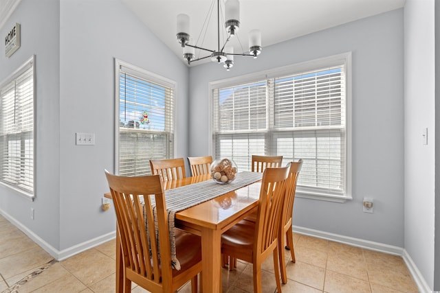 4517 Planters Row Way, Myrtle Beach, SC 29579 - dining area featuring a chandelier, baseboards, light tile patterned flooring, and lofted ceiling