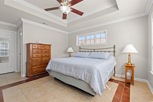 4517 Planters Row Way, Myrtle Beach, SC 29579 - bedroom with a tray ceiling, tile patterned floors, crown molding, inlaid floor details, and a ceiling fan