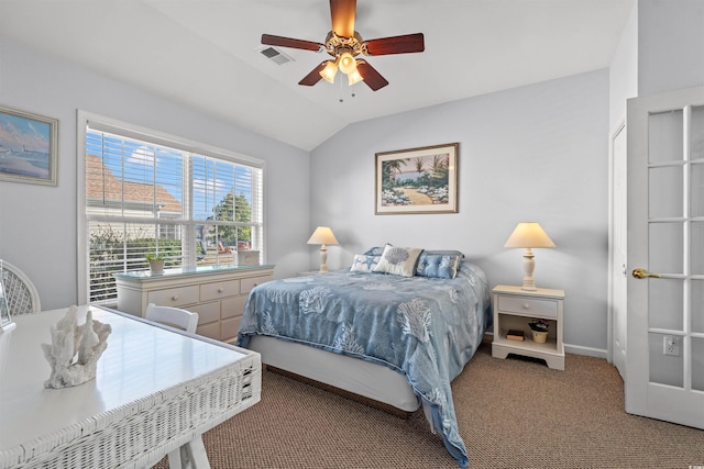 4517 Planters Row Way, Myrtle Beach, SC 29579 - bedroom with visible vents, ceiling fan, carpet floors, and vaulted ceiling