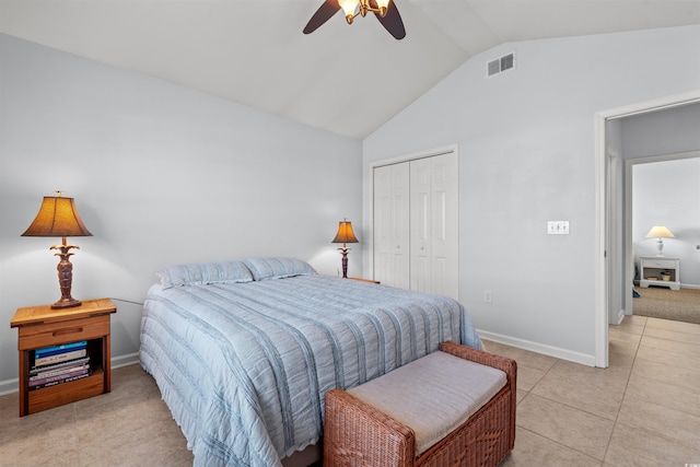 4517 Planters Row Way, Myrtle Beach, SC 29579 - bedroom featuring visible vents, ceiling fan, baseboards, a closet, and vaulted ceiling