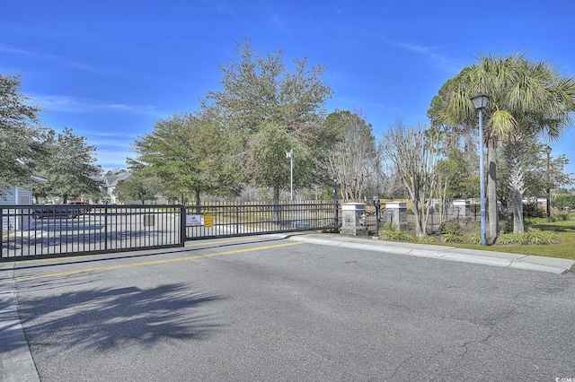 view of street with curbs, street lighting, a gated entry, and a gate