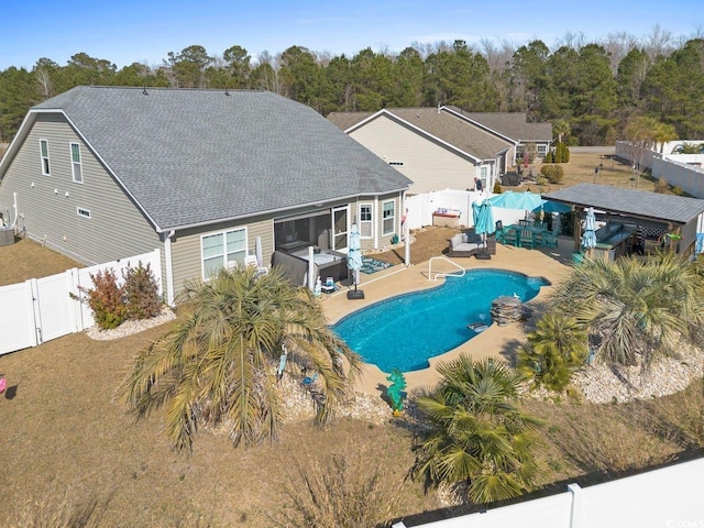 view of pool with a fenced backyard, a gate, a fenced in pool, and a patio